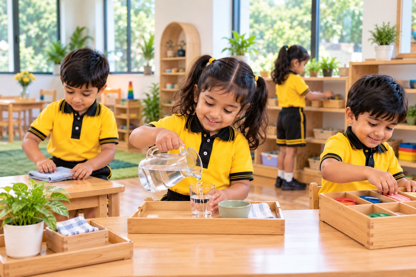 Little Elly children playing together in a bright classroom